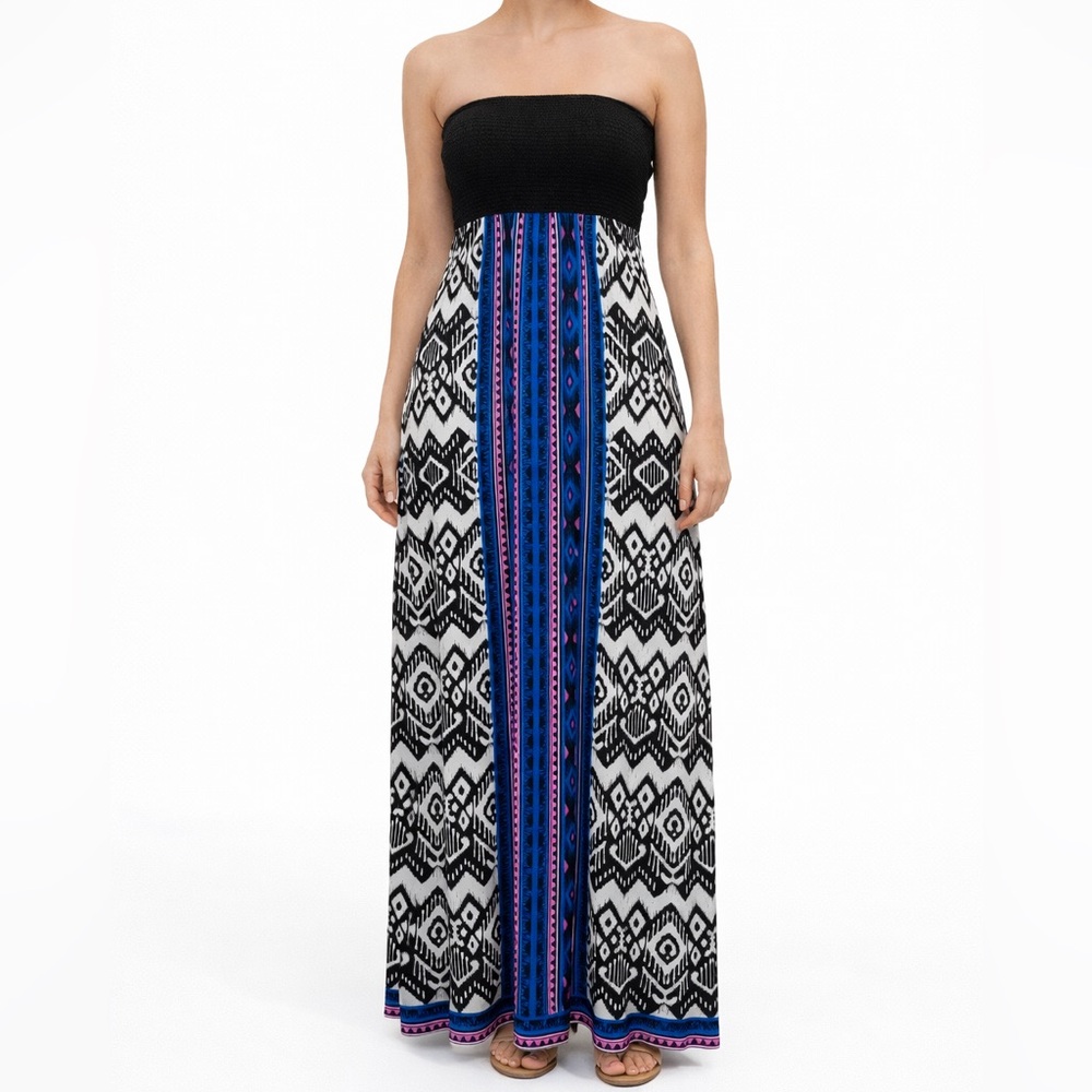 Black Strapless Patterned Maxi Dress